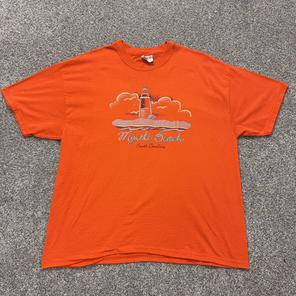Vintage Hanes Myrtle Beach Shirt Mens XL Orange Lighthouse Graphic Tee T-Shirt